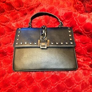Badgley Mischka Vegan Leather Black Studded Chain Textured Top Single Handle Bag
